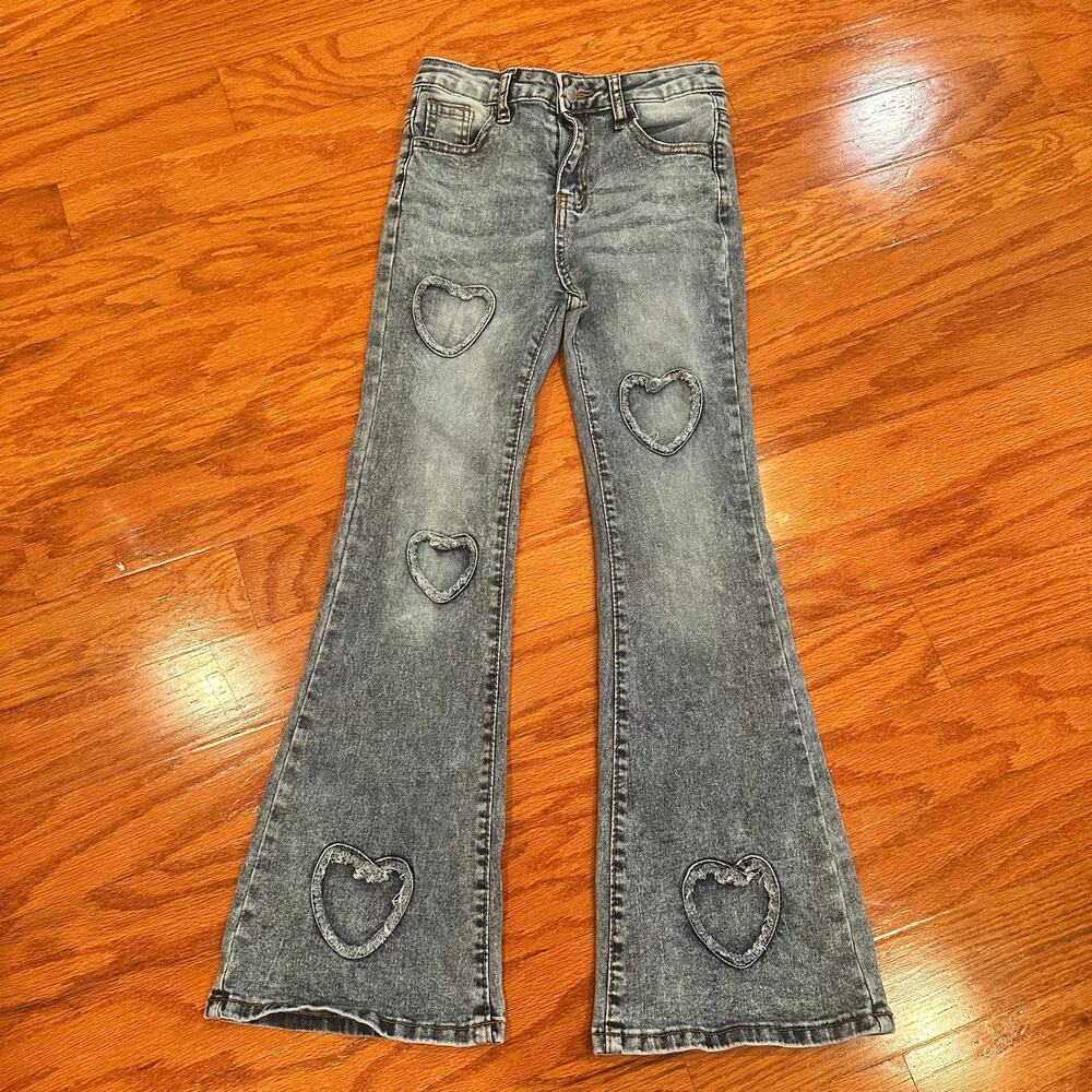 SHEIN Girls Y2K Heart Flare Jeans Blue Acid Wash Size 10Y